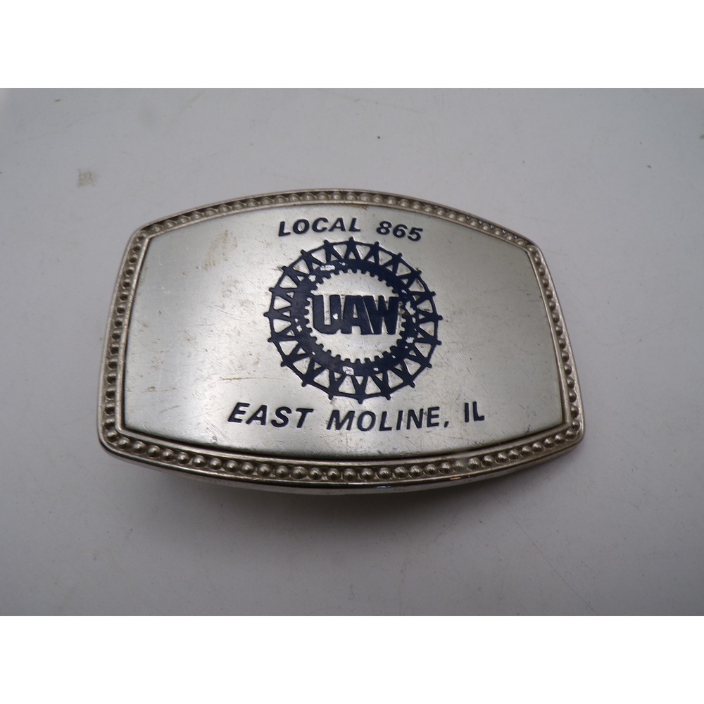 Vintage UAW Local 865 Belt Buckle East Moline IL United Auto Workers Silver Blue